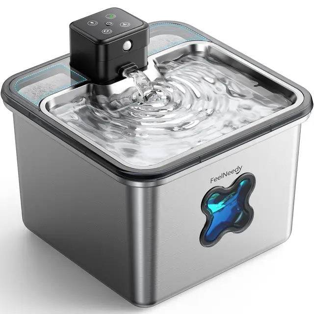 FEELNEEDY Fuente para Gatos sin Cable, 3.2L Bebedero Gatos en Acero Inoxidable con Sensor de Movimiento, Visualización del Filtro, Apta para Lavavajillas, 4000mAh Batería Recargable