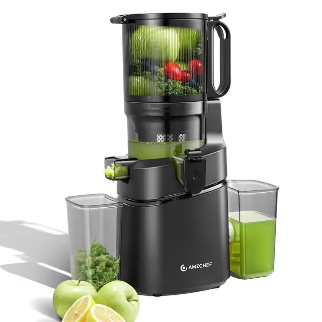 AMZCHEF Extractor de Zumos y Verduras Automático, 145MM Apertura y 1,8L Capacidad Licuadora para Verduras y Frutas Entera, 250W Licuadora Prensado en Frio Lento con Triple Filtro - Negro