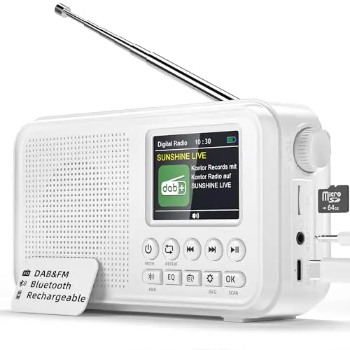 Radio Portátil Dab/FM, Bluetooth, Batería Recargable de 3000mAh, Compatible con Tarjetas TF de hasta 64 GB, Carga Tipo C, Toma de Auriculares, 40 Presintonías FM & 40 Dab, EQ, Doble Alarma,para Hogar