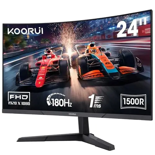 KOORUI 24E6CA Curvo Gaming Monitor de 24 Pulgadas, FHD 1080P 180Hz 1ms Ordenador Pantalla, 1500R HDMI 2.0x2/DP 1.2, 100x100mm VESA Monitor, Negro
