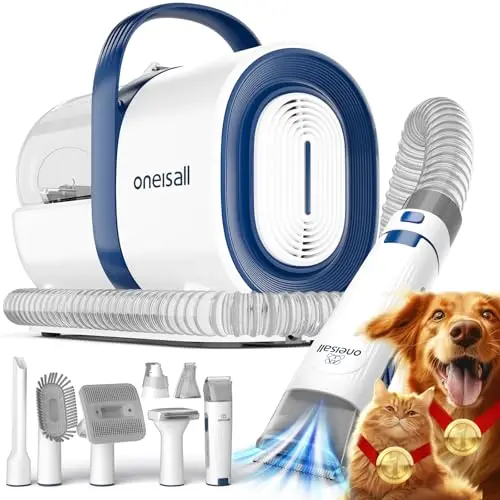 oneisall Cortapelos Perros con aspiradora de pelo, Aspira el 99% del pelo de las mascotas, máquina de corte silenciosa para perros y gatos y otras 7 herramientas de aseo (azul)