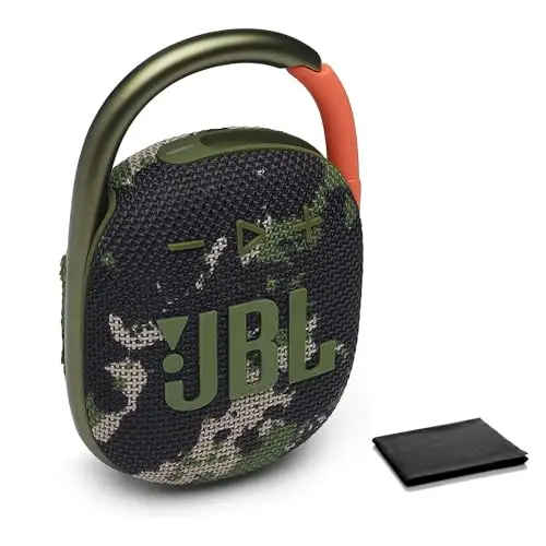 JBL Clip 4 Altavoz Bluetooth portátil, impermeable y resistente al polvo, IP67, mini altavoz Bluetooth para viajes, al aire libre y hogar, (cuadrado), con paño de limpieza