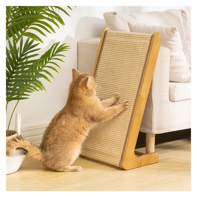 Avont Rascador para Gatos De Sisal, Tablero Vertical En Forma De L 65 Cm con Rampa Inclinada 110°, Madera Maciza Natural, Protege Muebles, Alfombrilla De Rascado para Gatos De Interior-Grande