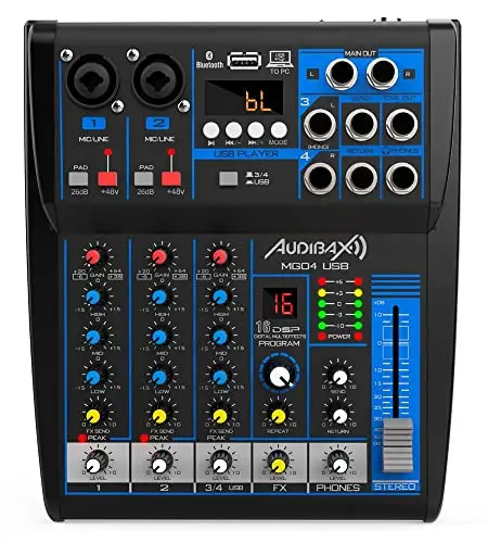 Audibax MG04 USB Mesa Mezclas con 4 Canales Bluetooth, MP3, USB Rec y Efectos