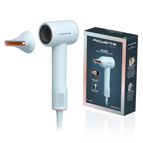 Rowenta Blumia Secador de Pelo Compacto y Ligero 350g, Motor Digital, Secado Rápido, Generador Iones, Control Inteligente 40°C, 3 temperaturas, 2 velocidades, Boquilla Magnética, Azul, HY5N10E0