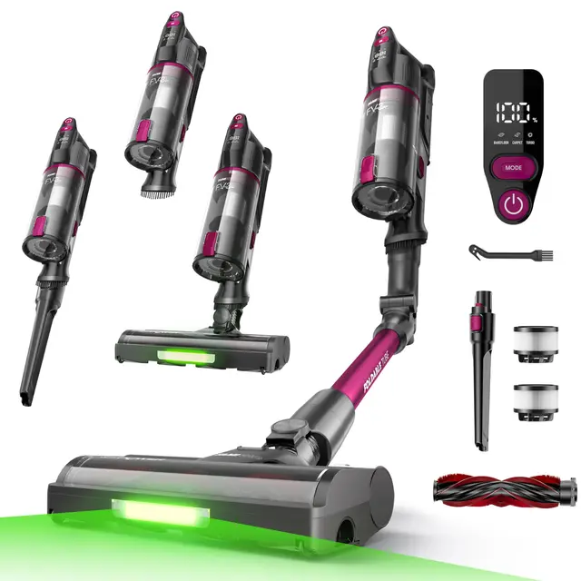 FAMIVAC FV3 Aspiradora sin Cable 60KPa/50Min/120㎡, Barra Plegable, Autoportante con Cepillo Antienredo y Luz Verde, Ligero de 1.5KG, Aspiradora de Mano para Suelos/Alfombras/Pelos/Coche