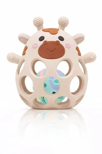 MuyPetit Jirafa Sonajero y Mordedor para bebé, Libre de BPA y tóxicos, Juegos bebe 0-6 meses, Sonajero bebe 0-3 meses, Juguete Montessori Bebé fácil de agarrar, Regalo recien nacido (Beige con bolita)